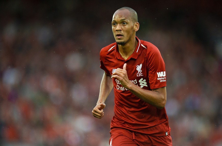 epa06933701 Liverpool&#039;s Fabinho in action during a friendly soccer match between Liverpool and Torino held at Anfield , Liverpool, Britain, 07 August 2018. EPA/PETER POWELL