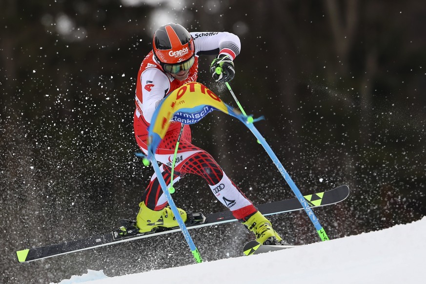 Austria&#039;s Roland Leitinger competes in an alpine ski, men&#039;s World Cup giant slalom, in Garmisch Partenkirchen, Germany, Sunday, Feb. 2, 2020. (AP Photo/Marco Trovati)