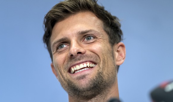 Basel&#039;s Valentin Stocker smiles during a press conference the day before the UEFA Champions League third qualifying round first leg match between Switzerland&#039;s FC Basel 1893 and Austria&#039 ...