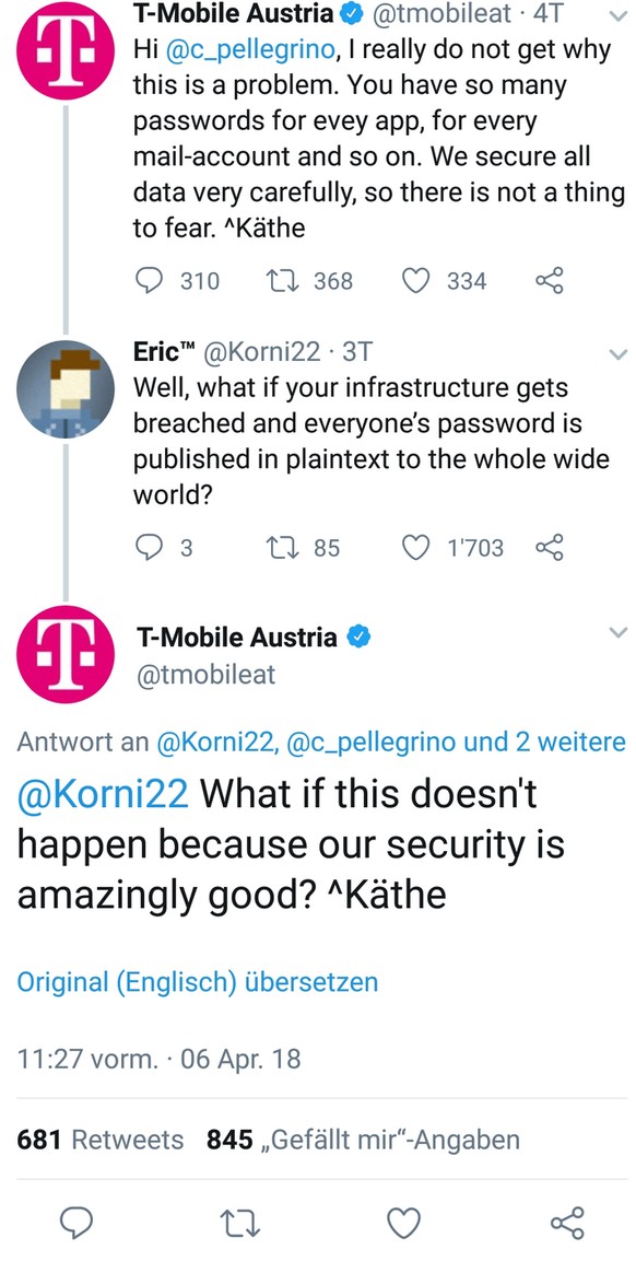 Der Kundendienst von T-Mobile meinte also, dass das Speichern der Passwörter kein Problem sei, denn ihre Sicherheit sei «unglaublich gut».