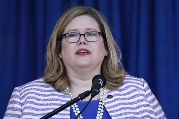 FILE - In this June 21, 2019 file photo, General Services Administration Administrator Emily Murphy speaks during a ribbon cutting ceremony for the Department of Homeland Security&#039;s St. Elizabeth ...