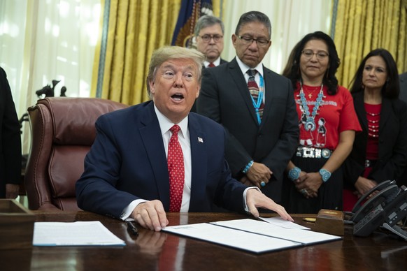 President Donald Trump speaks during an event to sign an executive order establishing the Task Force on Missing and Murdered American Indians and Alaska Natives, in the Oval Office of the White House, ...