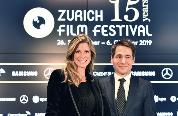 epa07836630 Swiss Nadja Schildknecht (L) and Karl Spoerri directors of the Zurich Film Festival present the program of the 15th edition of the festival during a press conference in Zurich, Switzerland ...