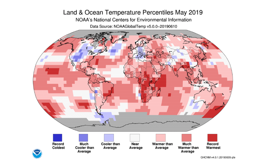 Im Mai 2019 waren die Temperaturen weltweit meist wärmer oder deutlich wärmer als im Durchschnitt.