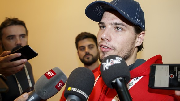 Switzerland&#039;s players forward Kevin Fiala speaks to the Swiss media during a briefing, at the IIHF 2018 World Championship, in Copenhagen, Denmark, Sunday, May 13, 2018. (KEYSTONE/Salvatore Di No ...