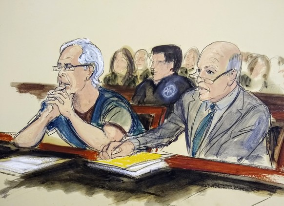 In this courtroom artist&#039;s sketch, defendant Jeffrey Epstein, left, and his attorney Martin Weinberg listen during a bail hearing in federal court, Monday, July 15, 2019 in New York. Epstein&#039 ...