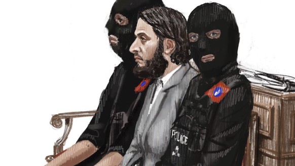 In this courtroom sketch, Salah Abdeslam, center, sits between two police officers during his trial at the Brussels Justice Palace in Brussels on Monday, Feb. 5, 2018. Salah Abdeslam and Soufiane Ayar ...