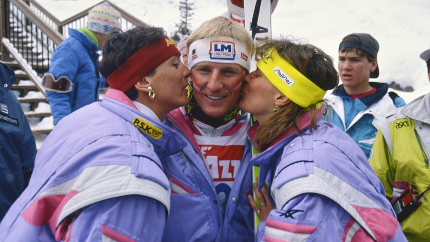 Ski WM 1989, Slalom Herren: Sigrid WOLF, Rudi NIERLICH, Ulrike MAIER (alle AUT) SKI ALPIN SAISON 88/89 WM 1989 Vail Slalom Herren 12.02.1989 Sigrid WOLF (li), Rudi NIERLICH, Ulrike MAIER (vlnr alle AU ...
