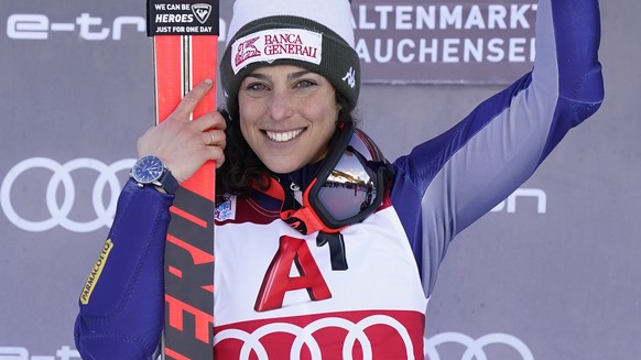 First placed Italy&#039;s Federica Brignone celebrates at the end of an alpine ski, women&#039;s World Cup Women&#039;s Alpine Combined, in Altenmarkt-Zauchensee, Austria, Sunday, Jan. 12, 2020. (AP P ...