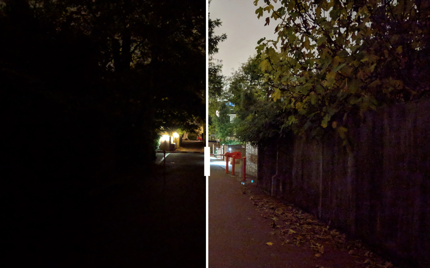 Die gleiche Szene, zweimal vom Pixel 3 XL fotografiert. Rechts mit «Nachtmodus».