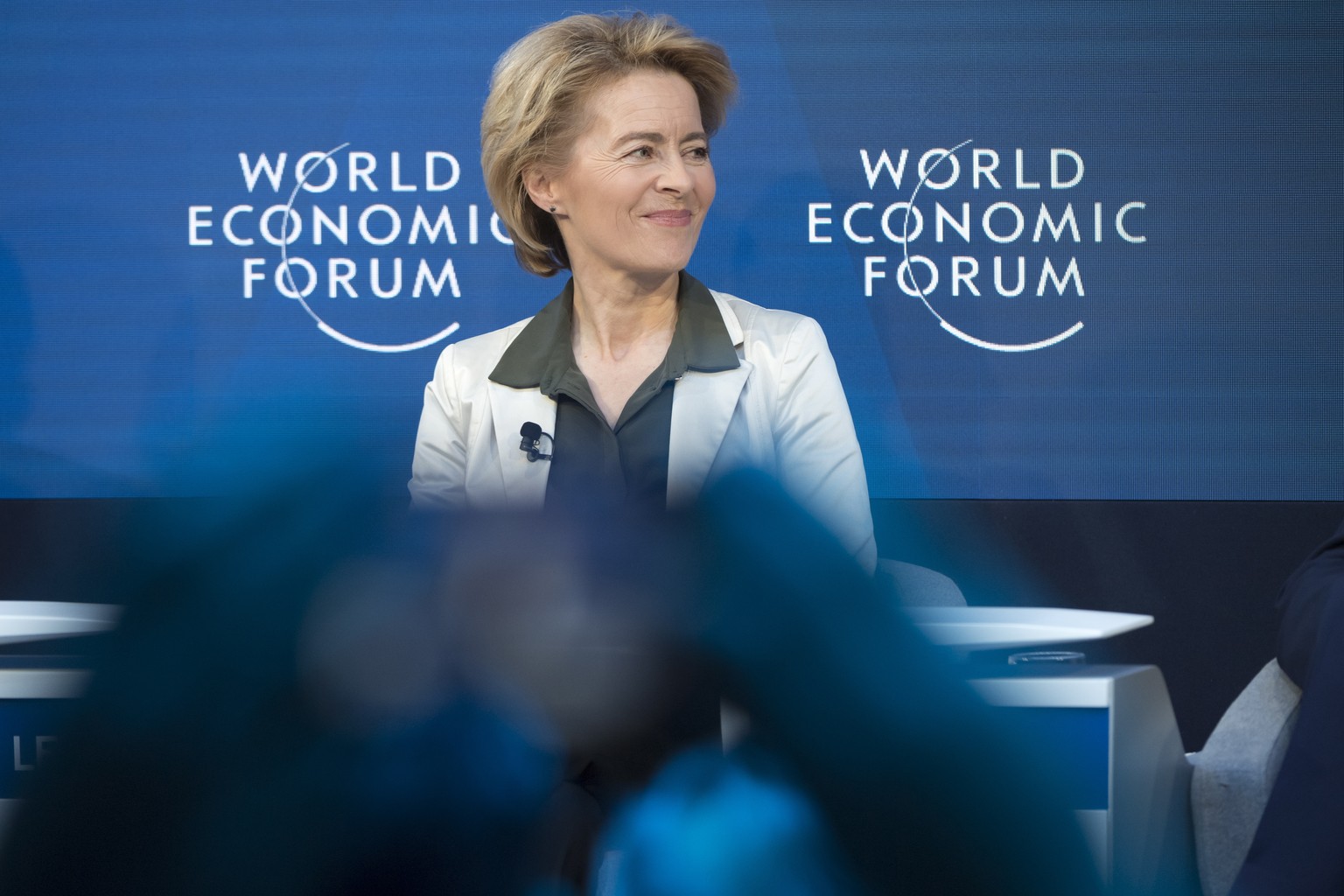 epa07316267 Germany&#039;s Minister of Defence Ursula von der Leyen speaks at a panel session during the 49th Annual Meeting of the World Economic Forum, WEF, in Davos, Switzerland, 24 January 2019. T ...