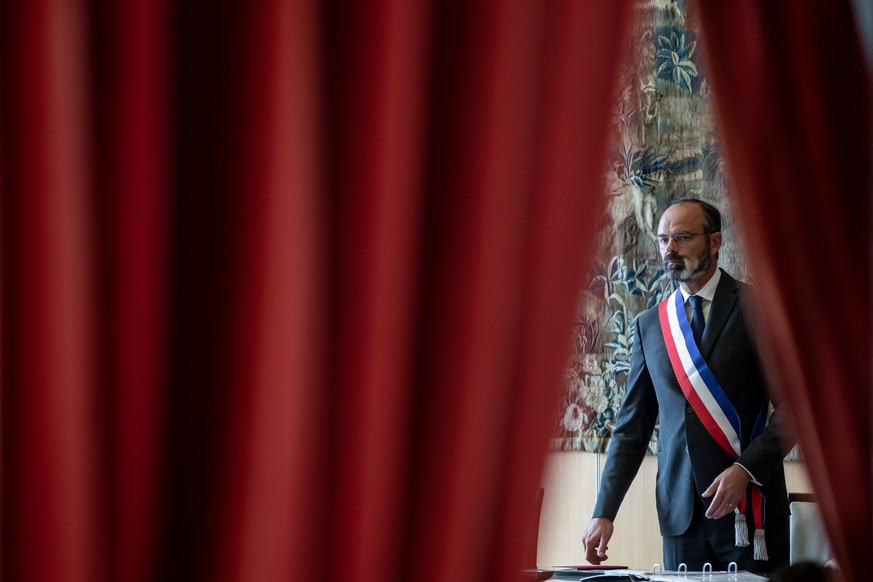 epa08514735 (FILE) French Prime Minister and mayoral candidate Edouard Philippe officiates a wedding during a campaign visit in Le Havre, Normandy, France, 20 June 2020 (reissued 28 June 2020). Accord ...