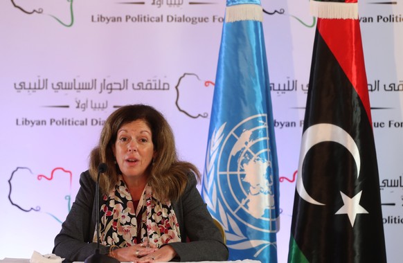 epa08814595 UN acting envoy to Libya Stephanie Williams speaks during a press conference in Tunis, Tunisia on 11 November 2020. Political talks on Libya&#039;s future, taking place in Tunisia, have re ...