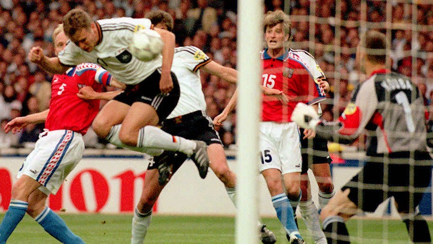 German Oliver Bierhoff equalizes with a header for his team against the Czech Republic during the Euro 96 final between Germany and the Czech Republic at London`s Wembley stadium, 30 Jun. Germany won  ...