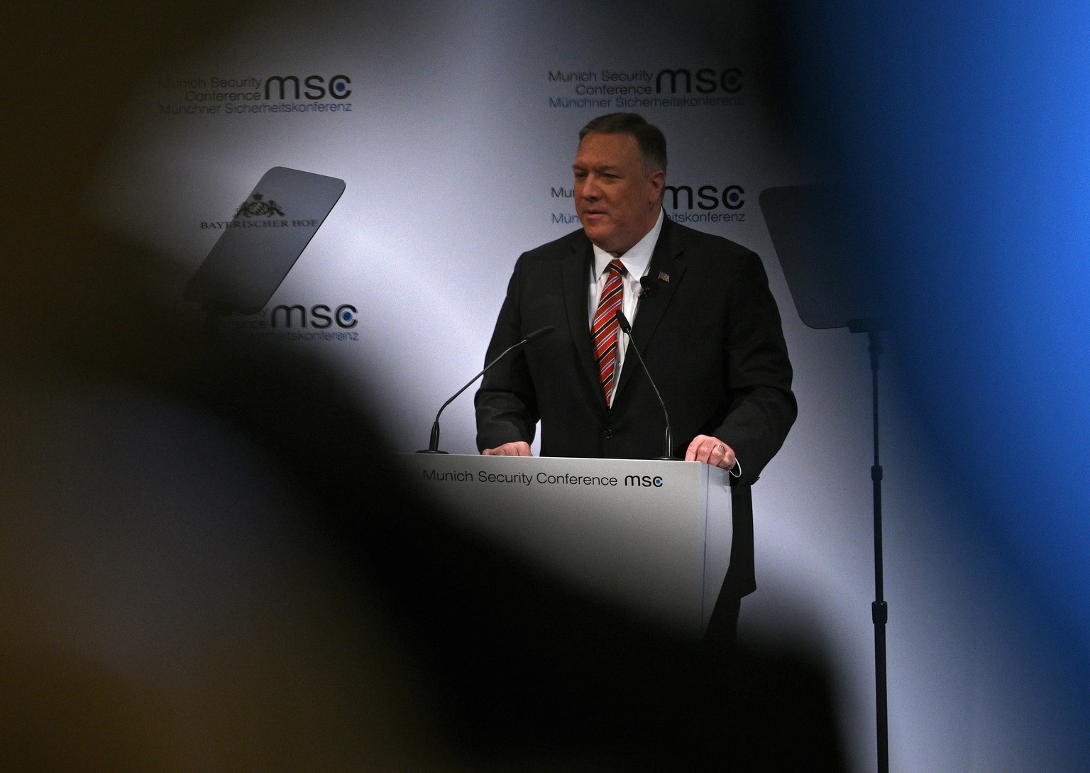 epa08219054 (L-R) US Secretary of State Mike Pompeo addresses an audience during a Statements and Discussion at the 56th Munich Security Conference (MSC) in Munich, Germany, 15 February 2020. More tha ...