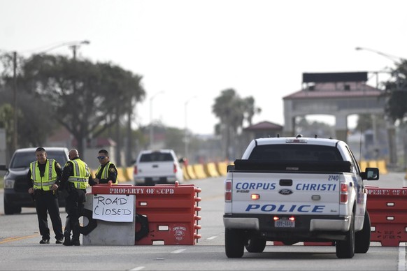 The entrances to the Naval Air Station-Corpus Christi are closed following an active shooter threat, Thursday, May 21, 2020, in Corpus Christi, Texas. Naval Air Station-Corpus Christi says the shooter ...