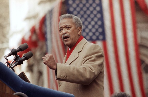 FILE - In this Monday, Jan. 2, 1990, file photo, David Dinkins delivers his first speech as mayor of New York, in New York. Dinkins, New York City