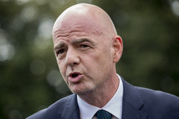 FILE - In this Monday, Sept. 9, 2019 file photo, FIFA president Gianni Infantino speaks to members of the media on the South Lawn of the White House in Washington. Soccer governing body FIFA says its  ...