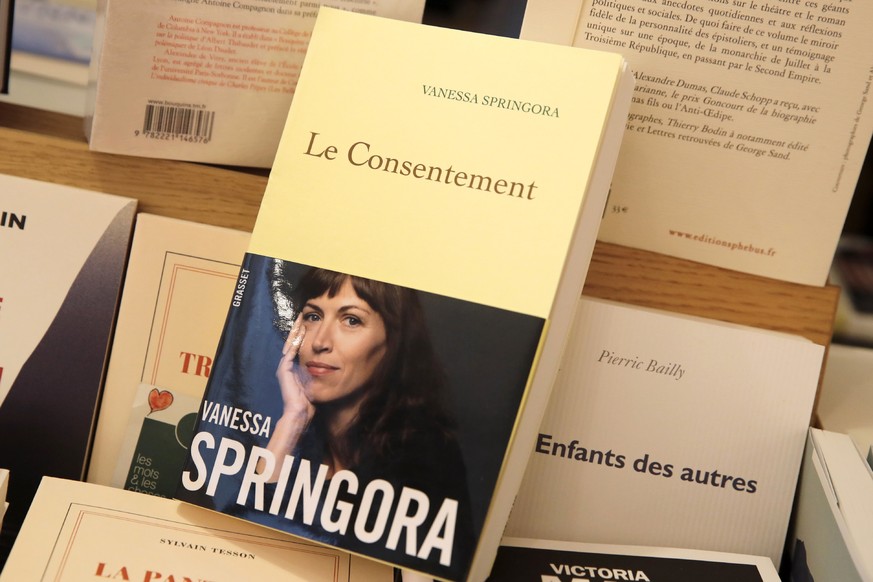 This photo taken Thursday, Jan. 2, 2020 shows the book &quot;Le Consentement&quot; (Consent) by Vanessa Springora and displayed in a Boulogne Billancourt bookstore, outside Paris. The literary editor  ...