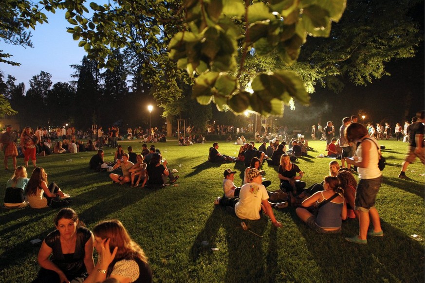Menschen geniessen den warmen Sommerabend im Stadtpark am Albanifest am Samstag, 26. Juni 2010 in Winterthur. (KEYSTONE/Alessandro Della Bella)