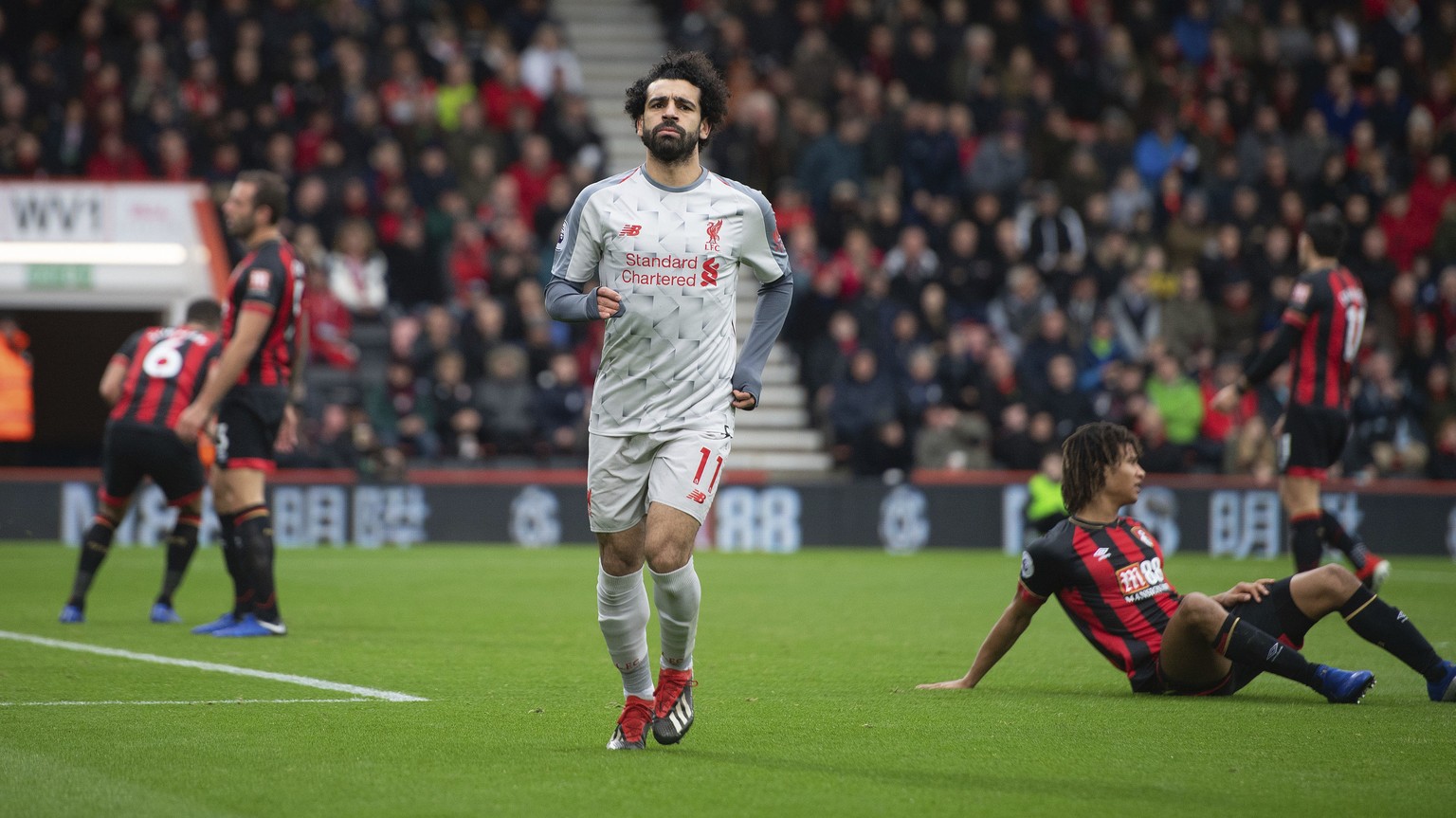 Liverpool&#039;s Mohamed Salah celebrates scoring his side&#039;s second goal of the game during their English Premier League soccer match against Bournemouth at the Vitality Stadium, Bournemouth, Eng ...