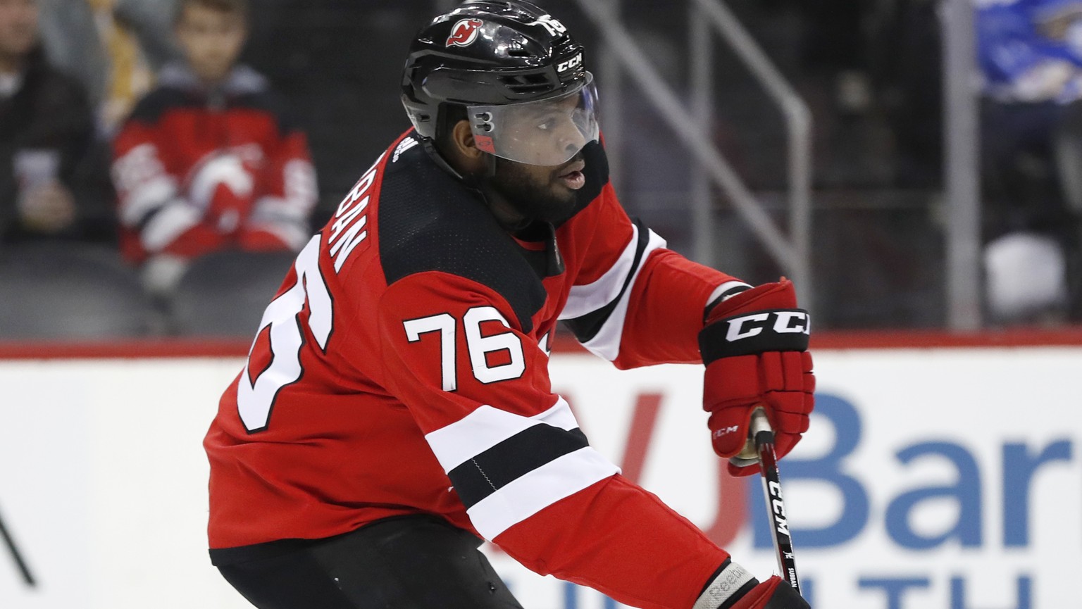 New Jersey Devils defenseman P.K. Subban (76) takes the puck upice during the first period of an NHL hockey game against the Detroit Red Wings, Thursday, Feb. 13, 2020, in Newark, N.J. (AP Photo/Kathy ...