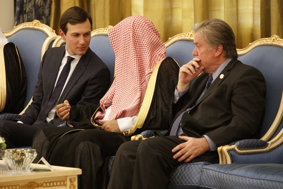 White House senior adviser Jared Kushner, left, and White House chief strategist Steve Bannon, right, participate in a ceremony to present President Donald Trump The Collar of Abdulaziz Al Saud Medal  ...