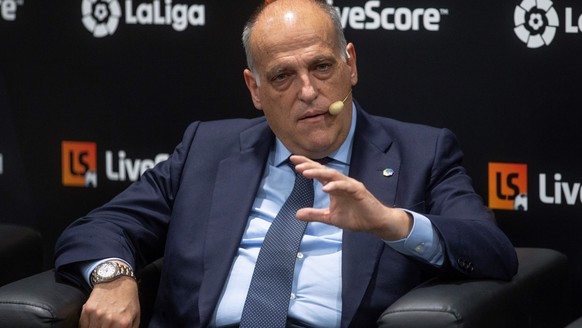 epa07837772 Spanish National Professional Football League LaLiga President Javier Tebas attends the presentation of the sports application LiveScore in Madrid, Spain, 12 September 2019. The newly rele ...