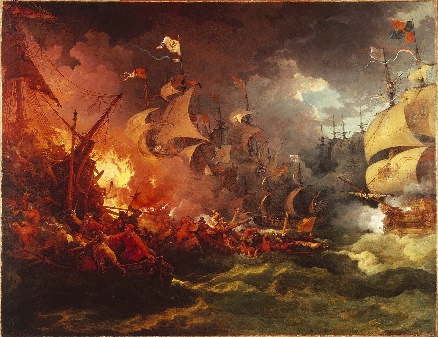 A theatrical interpretation of the Battle of Gravelines 
Gemälde von Charles Fairborough, 1796, Defeat of the Spanish Armada, 8. Aug. 1588