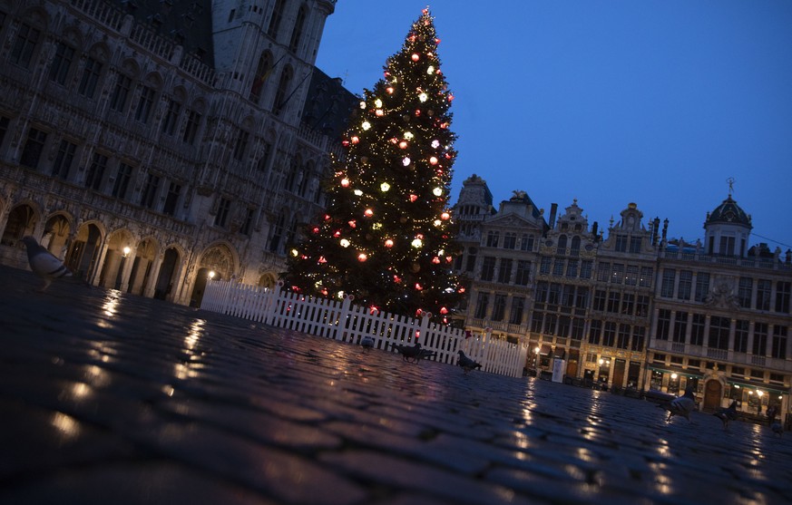 Pigeons feed near a Christmas tree at the historical Grand Place in Brussels, Sunday, Dec. 20, 2020. The EU and the United Kingdom were still working Sunday on a &quot;last attempt&quot; to clinch a p ...