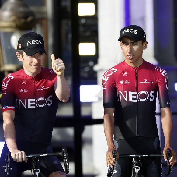 Britain&#039;s Geraint Thomas, left, and Colombia&#039;s Egan Bernal Gomez pose during the Tour de France cycling race team presentation at the Grand Place in Brussels, Thursday, July 4, 2019, ahead o ...