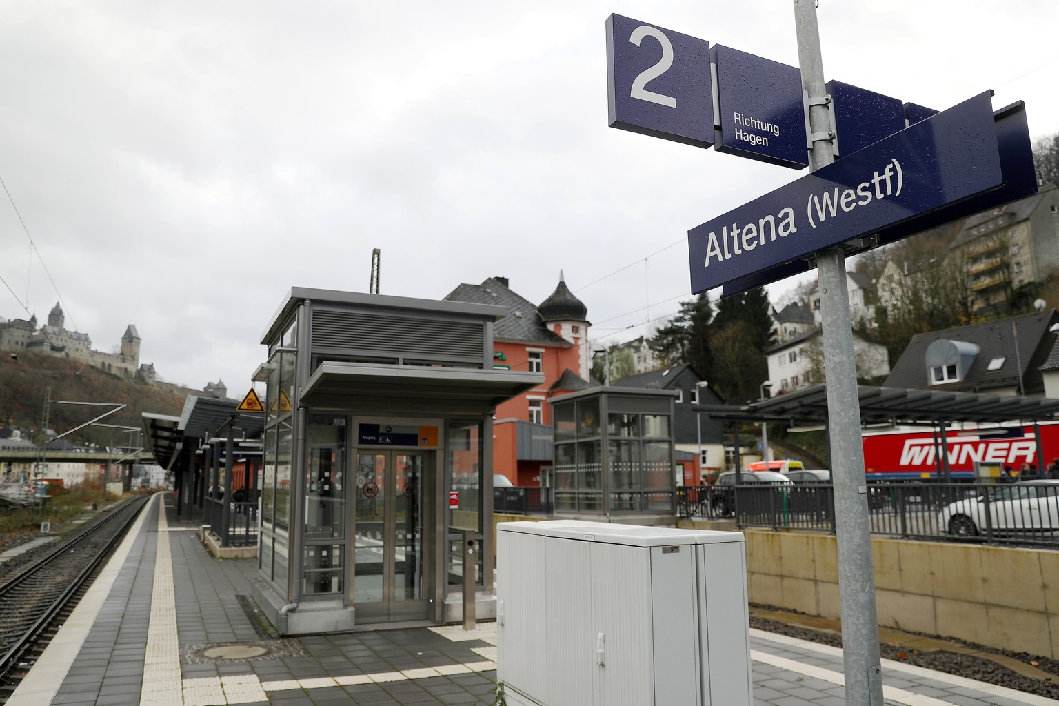 epa06355285 The train station of Altena, North Rhine-Westphalia, Germany, 28 November 2017. A man has attacked and injured the mayor of Altena in what police believe was a xenophobic act. Andreas Holl ...