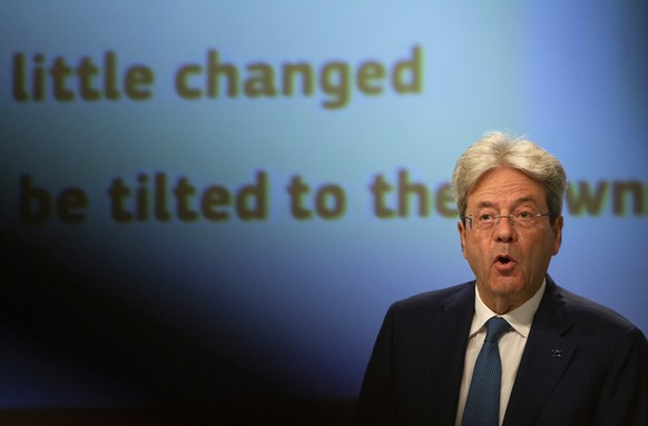 epa08531823 European Commissioner for Economy Paolo Gentiloni speaks during a media conference on the summer 2020 economic forecast at EU headquarters in Brussels, Belgium, 07 July 2020. Economic outp ...