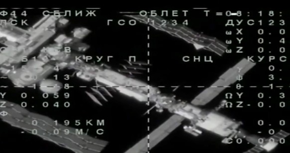 epa07789523 A handout frame grab taken from video footage released by the Russian Space Agency (Roscosmos) shows a view from the Soyuz MS-14 spacecraft carrying Russian anthropomorphous robot Fedor (S ...