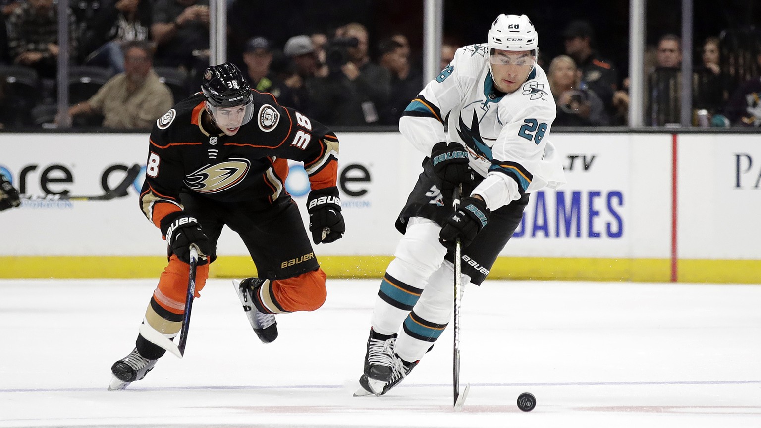San Jose Sharks&#039; Timo Meier (28) skates in front of Anaheim Ducks&#039; Derek Grant (38) during the first period of a preseason NHL hockey game Tuesday, Sept. 24, 2019, in Anaheim, Calif. (AP Pho ...