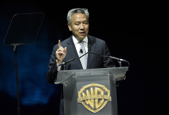 FILE - This April 21, 2015 file photo shows Kevin Tsujihara, chairman and CEO of Warner Bros., during the Warner Bros. presentation at CinemaCon 2015 in Las Vegas. Tsujihara is stepping down after cla ...