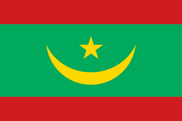 Die Flagge Mauretaniens. Die beiden roten Balken wurden erst 2017 hinzugefügt. Sie symbolisieren das Blut aller, die für die Unabhängigkeit gekämpft haben.