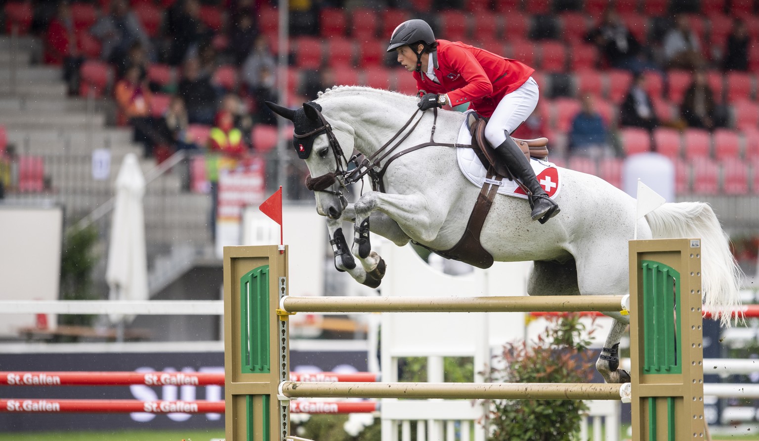 Martin Fuchs from Switzerland on Leone Jei at the &quot;Longines FEI Jumping Nations Cup of Switzerland&quot; during the CSIO Show Jumping in St. Gallen, Switzerland, Sunday, June 6, 2021. (KEYSTONE/E ...