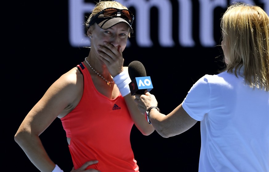 Croatia&#039;s Mirjana Lucic-Baroni cries as she is interviewed on the court following her win over Karolina Pliskova of the Czech Republic in their quarterfinal at the Australian Open tennis champion ...