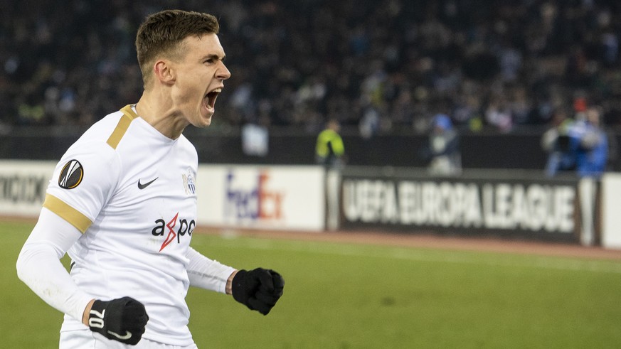 Zurich&#039;s Benjamin Kololli celebrates his 1:3 goal during the UEFA Europa League group stage soccer match between Switzerland&#039;s FC Zurich and Italian&#039;s SSC Neapel at the Letzigrund stadi ...