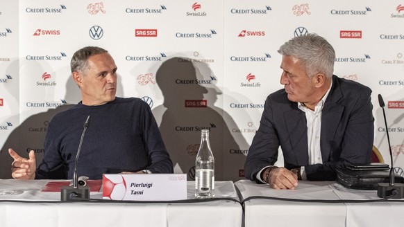 Switzerland&#039;s national soccer team head coach Vladimir Petkovic, right, and Director of national Teams Pierluigi Tami, left, speaks during a press conference before the UEFA Euro 2020 qualifying  ...