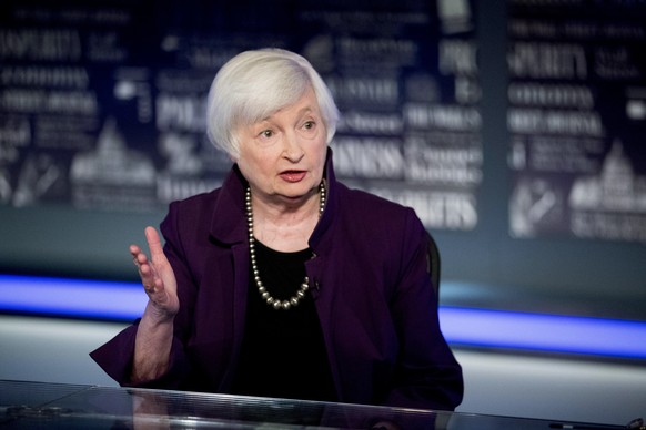 FILE - In this Aug. 14, 2019, file photo former Fed Chair Janet Yellen speaks with FOX Business Network guest anchor Jon Hilsenrath in the Fox Washington bureau in Washington. Yellen said Wednesday, M ...