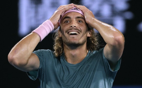 FILE - In this Jan. 20, 2019, file photo, Greece&#039;s Stefanos Tsitsipas celebrates after defeating Switzerland&#039;s Roger Federer in their fourth round match at the Australian Open tennis champio ...