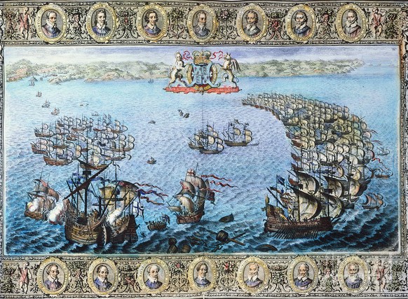 Die spanische Flotte (rechts) segelte in Halbmond-Formation, wobei sich die grössten und am schwersten bewaffneten Schiffe im Zentrum befanden.