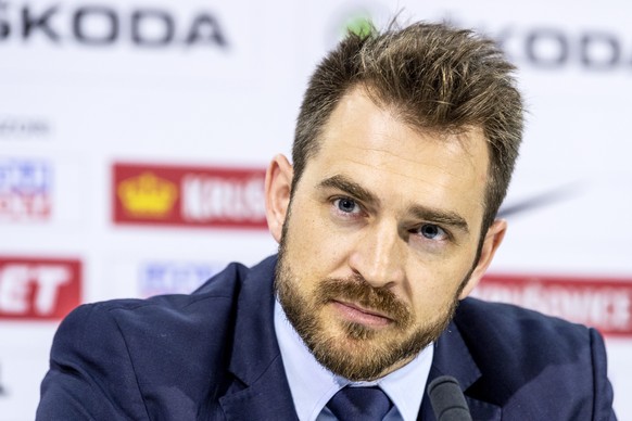Switzerland`s team director Raeto Raffainer at the pressconference after losing the quarter final game between Canada and Switzerland, at the IIHF 2019 World Ice Hockey Championships, at the Steel Are ...