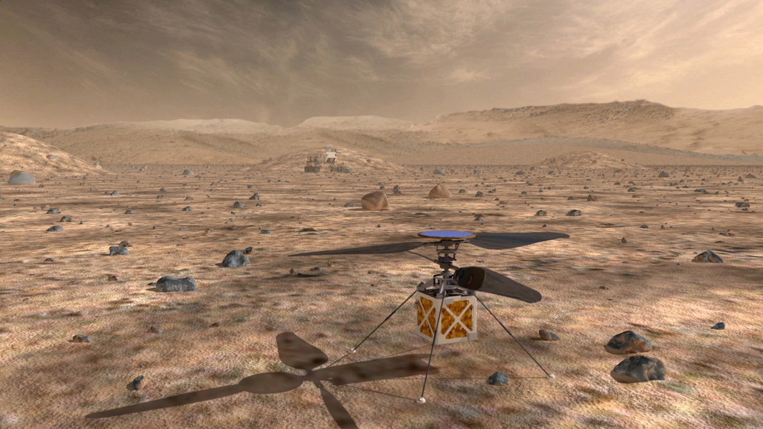 epa06729526 An undated handout photo made available by NASA on 12 May 2018 shows an artist&#039;s impression of NASA&#039;s Mars Helicopter. The Mars Helicopter, a small, autonomous rotorcraft, will t ...