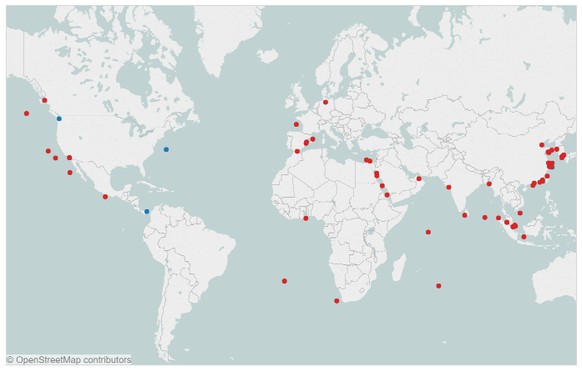 Jeder rote Punkt bedeutet ein Hanjin-Containerschiff.