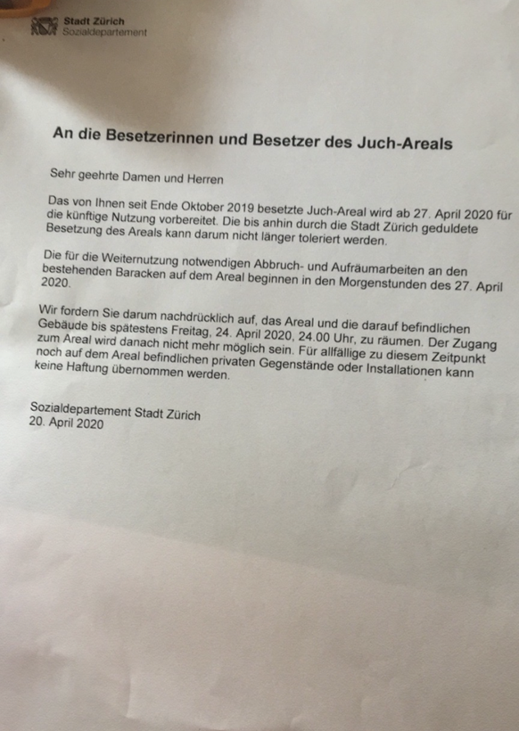 Der Brief der Stadt Zürich an die Besetzenden.