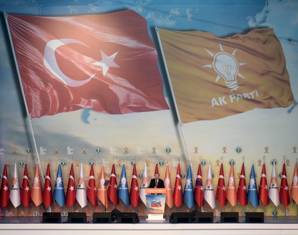 epa04370414 Turkish President- elect Recep Tayyip Erdogan gives an address during a congress of Turkey&#039;s ruling Party AKP for the election of a new new Prime Minister in Ankara, Turkey, 27 August ...