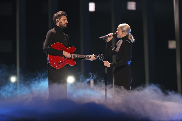 Madame Monsieur from France performs the song &#039;Mercy&#039; in Lisbon, Portugal, Friday, May 11, 2018 during a dress rehearsal for the Eurovision Song Contest. The Eurovision Song Contest grand fi ...
